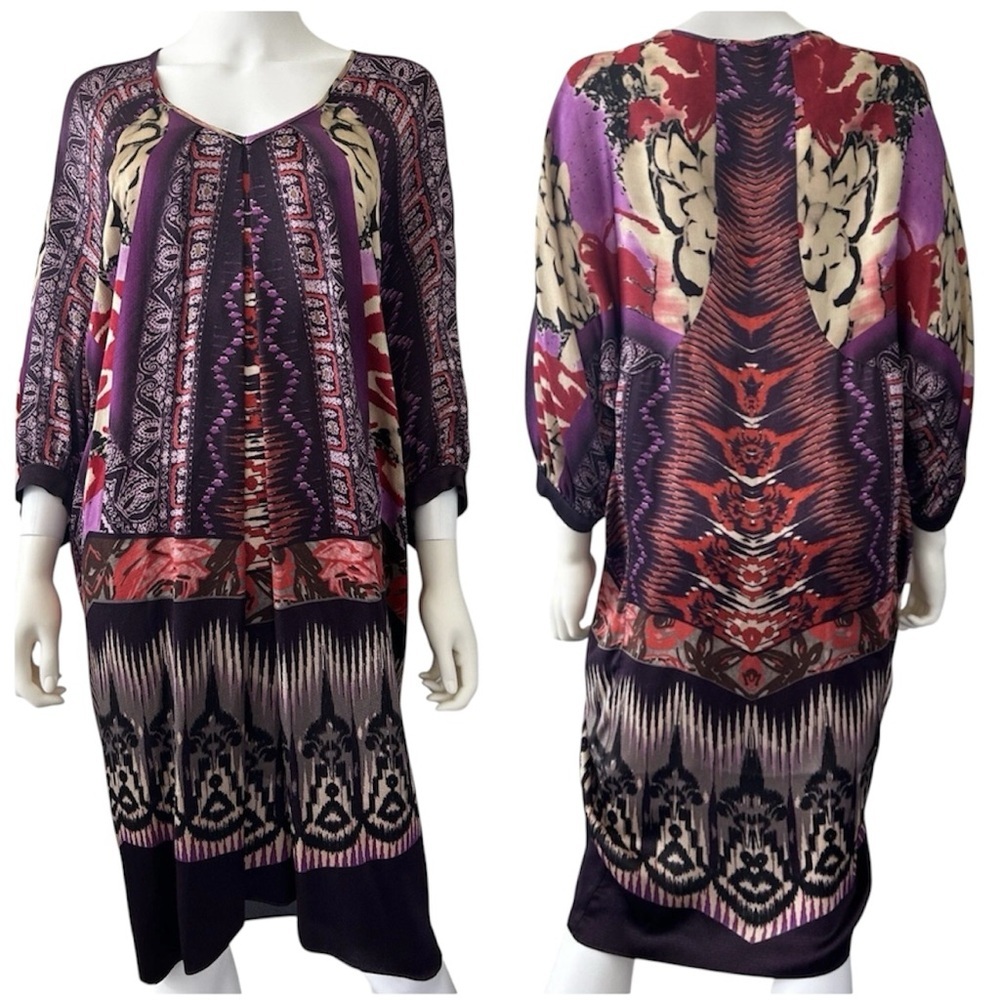 Etro Batik Pattern Print V-Neck Knee Length Dress Purple Pink Size 42 US 6